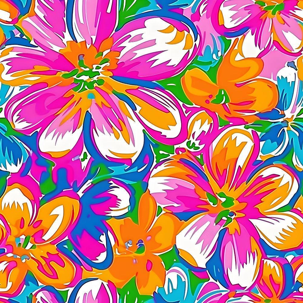 - Groovy Hippie Pattern 1 Quilting Cotton Fabric  
- Floral design  
- Bright colors  
- Pink, orange, blue, green, white  
- Abstract flower motifs  
- Vibrant, colorful  
- Cotton quilting fabric  
- Retro, hippie style  
- Artistic, bold shapes  
- Soft textured textile