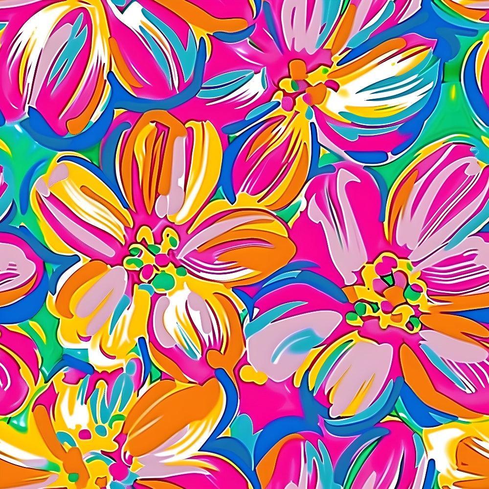 - Groovy Hippie Pattern 2 Quilting Cotton Fabric  
- Floral design  
- Bright colors  
- Pink, orange, blue, yellow, green  
- Vibrant, bold  
- Retro, psychedelic  
- Cotton textile  
- Quilting material  
- Artistic, lively  
- Large flowers