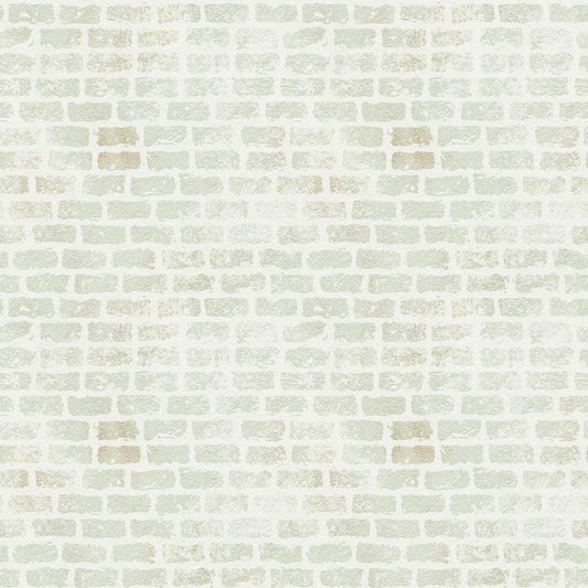 A seamless pattern of light gray and off-white bricks arranged in a horizontal layout, creating a textured, evenly spaced brick wall effect.