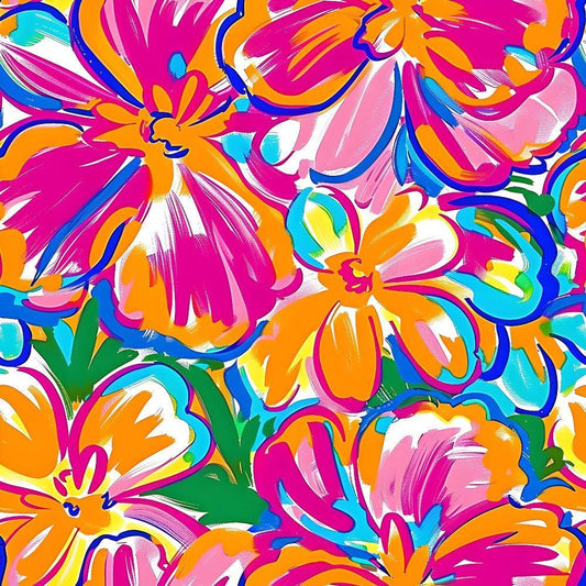 vibrant floral, tropical flowers, hot pink, bright orange, turquoise blue, lime green, yellow accents, abstract blooms, psychedelic pattern, groovy style, retro design, 1960s inspired, hippie aesthetic, large scale print, brushstroke effect, painterly style, quilting cotton, fabric panel, summer vibes, energetic mood