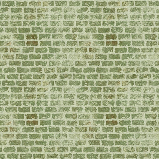 A pattern of green and light tan bricks arranged in a repeating, regular horizontal layout. The bricks have a textured, slightly worn appearance, giving the surface a rustic look.