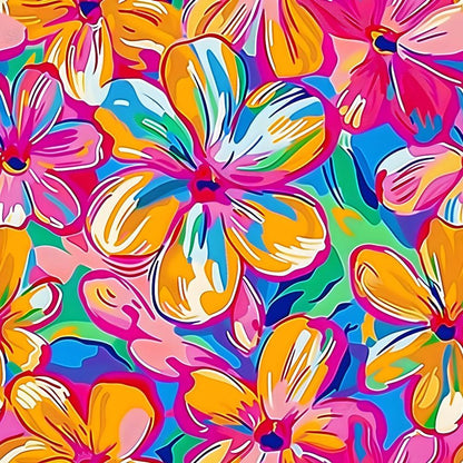 - Groovy Hippie Pattern 7 Quilting Cotton Fabric  
- vibrant floral design  
- colorful flowers  
- bright orange, pink, blue, green, yellow  
- tropical style  
- abstract flower shapes  
- cotton quilting fabric  
- retro hippie aesthetic  
- lively summer hues  
- multicolor textile