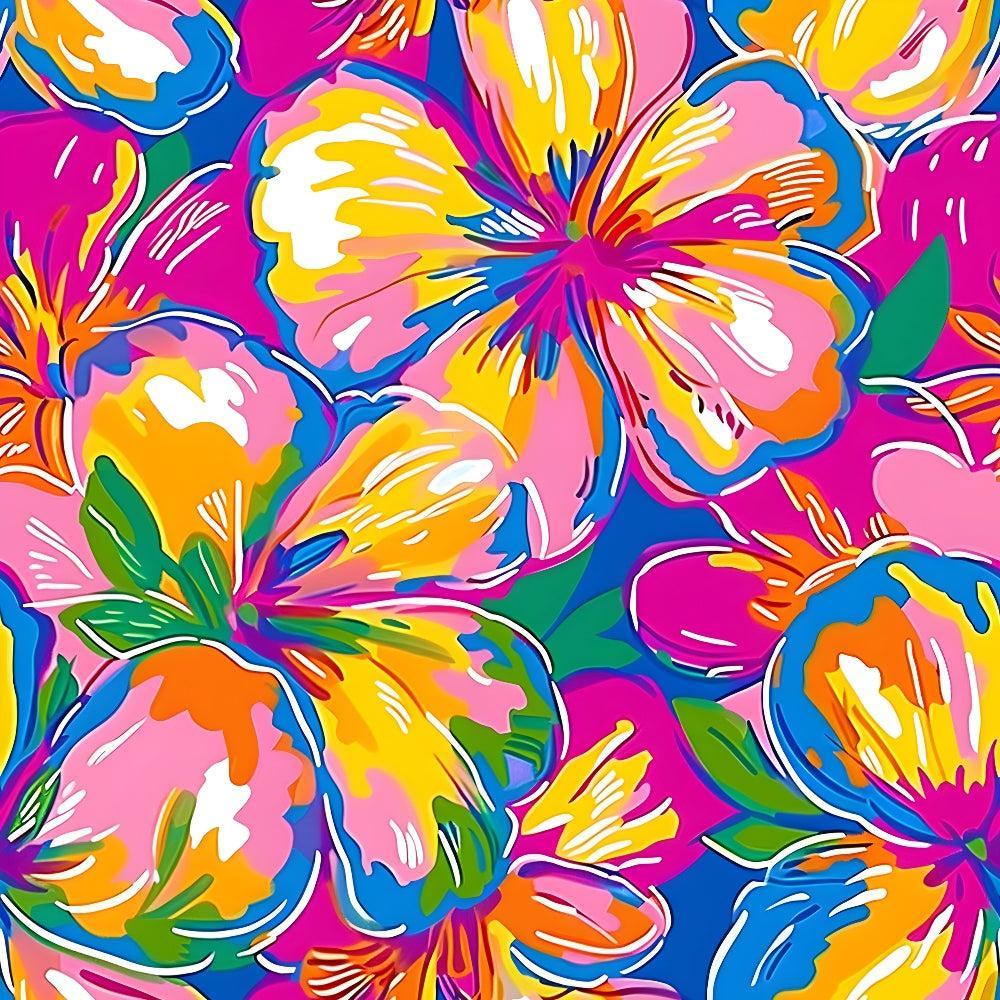 - Groovy Hippie Pattern 16 Quilting Cotton Fabric  
- Floral design  
- Bright colors  
- Orange, pink, yellow, blue, green  
- Tropical flowers  
- Cotton texture  
- Quilting fabric  
- Vibrant print  
- Summer theme  
- Retro style