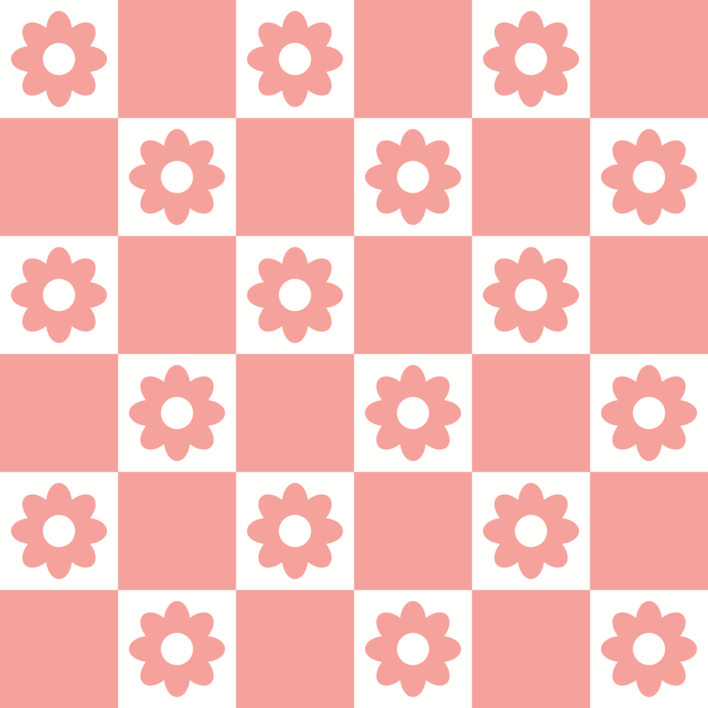 - Groovy Peace and Love Pattern 7 Quilting Cotton Fabric  
- Checkerboard design  
- Pink and white colors  
- Floral shapes  
- Retro style  
- Vintage vibes  
- Cotton material  
- Quilting fabric  
- Soft texture  
- Bright alternating squares