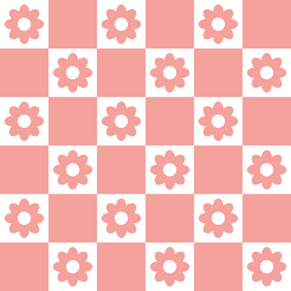 - Groovy Peace and Love Pattern 7 Quilting Cotton Fabric  
- Checkerboard design  
- Pink and white colors  
- Floral shapes  
- Retro style  
- Vintage vibes  
- Cotton material  
- Quilting fabric  
- Soft texture  
- Bright alternating squares