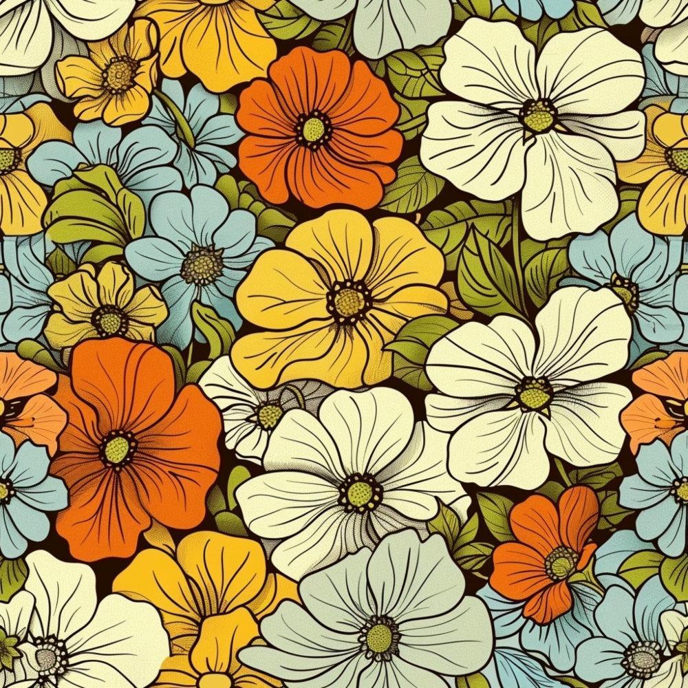 - Groovy Spring Florals Pattern 17 Quilting Cotton Fabric  
- Floral design  
- Orange, yellow, cream, blue flowers  
- Green leaves  
- Retro, vintage, groovy style  
- Quilting fabric  
- Cotton material  
- Decorative floral print  
- Vibrant spring colors  
- Seamless botanical motif