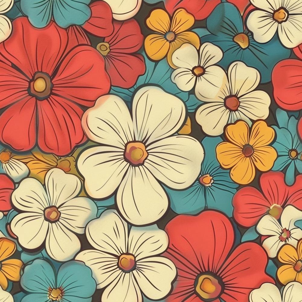 - Groovy Spring Florals Pattern 18 Quilting Cotton Fabric
- Floral design
- Red, cream, yellow, teal colors
- Blossoms, petals, leaves
- Vintage, retro style
- Cotton textile
- Quilting material
- Decorative, vibrant, colorful
- Nature-inspired print