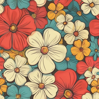 - Groovy Spring Florals Pattern 18 Quilting Cotton Fabric
- Floral design
- Red, cream, yellow, teal colors
- Blossoms, petals, leaves
- Vintage, retro style
- Cotton textile
- Quilting material
- Decorative, vibrant, colorful
- Nature-inspired print