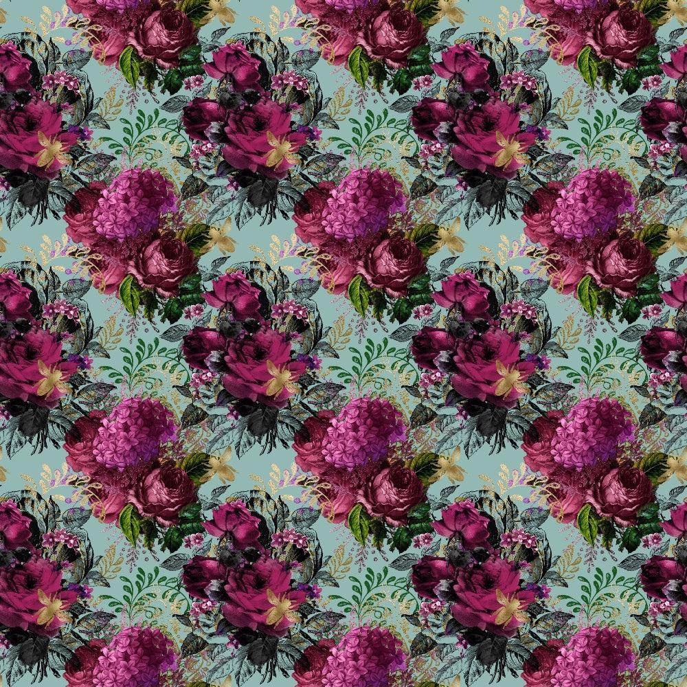 - Lovely Bee Pattern 3 Quilting Cotton Fabric  
- Floral design  
- Purple, magenta, green, black, teal  
- Flowers and leaves  
- Cotton textile  
- Quilting material  
- Soft fabric  
- Vintage style  
- Garden motifs  
- Decorative print