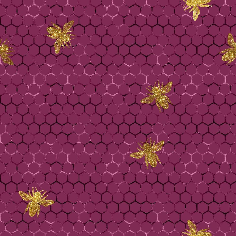- Lovely Bee Pattern 11 Quilting Cotton Fabric  
- purple background  
- golden bee motifs  
- honeycomb shapes  
- quilt cotton material  
- quilting fabric  
- sewing fabric  
- craft textile  
- vibrant colors  
- honey bee design