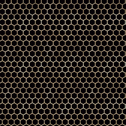- Lovely Bee Pattern 13 Quilting Cotton Fabric  
- honeycomb design  
- black background  
- beige hexagonal lines  
- quilting cotton material  
- sewing fabric  
- craft textile  
- beekeeping theme  
- natural tones  
- smooth texture  
- geometric motif