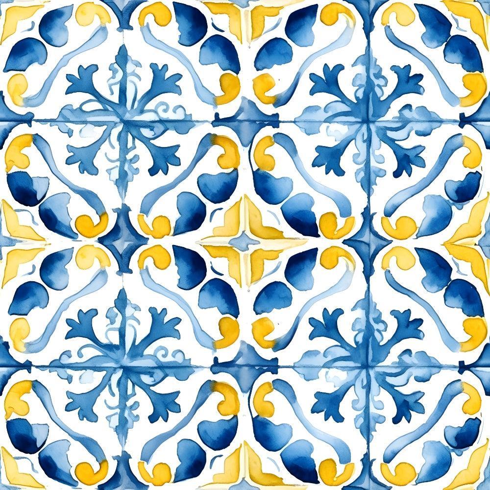 - Mediterranean Lemon Azure Pattern 15 Quilting Cotton Fabric  
- blue, yellow, white  
- floral, ornamental, tile, geometric  
- cotton, quilting, fabric  
- decorative, vibrant, Mediterranean style  
- textile, handcrafted, seamless design