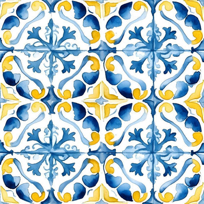- Mediterranean Lemon Azure Pattern 15 Quilting Cotton Fabric  
- blue, yellow, white  
- floral, ornamental, tile, geometric  
- cotton, quilting, fabric  
- decorative, vibrant, Mediterranean style  
- textile, handcrafted, seamless design