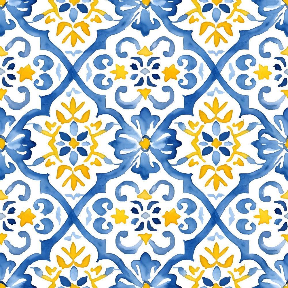 - Mediterranean Lemon Azure Pattern 16 Quilting Cotton Fabric  
- Blue, yellow, white  
- Floral, geometric, ornamental  
- Decorative, elegant, Mediterranean style  
- Quilting, cotton, textile, yardage