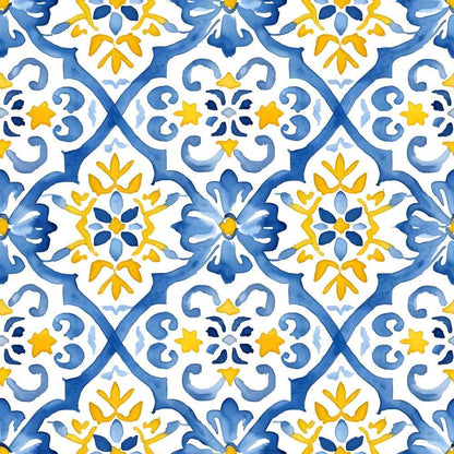 - Mediterranean Lemon Azure Pattern 16 Quilting Cotton Fabric  
- Blue, yellow, white  
- Floral, geometric, ornamental  
- Decorative, elegant, Mediterranean style  
- Quilting, cotton, textile, yardage