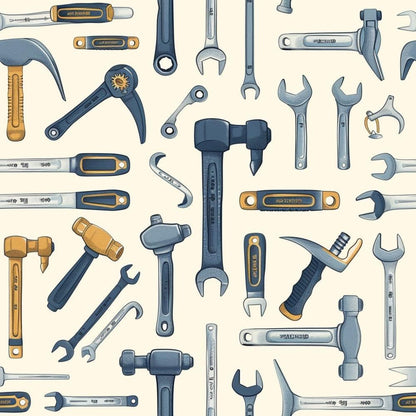 - Tool Shop Pattern 12 Quilting Cotton Fabric  
- assorted hand tools  
- hammers, wrenches, screwdrivers  
- mechanical tools illustration  
- cotton textile design  
- blue, gray, gold tones  
- sewing, crafting material  
- vintage workshop theme  
- quilting fabric yardage