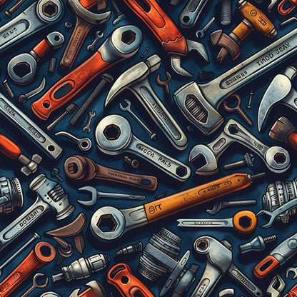 - Tool Shop Pattern 9 Quilting Cotton Fabric  
- tools motif  
- assorted wrenches  
- hammers  
- screwdrivers  
- bolts  
- dark blue background  
- orange accents  
- mechanical theme  
- sewing material  
- quilting fabric  
- cotton texture  
- industrial design  
- craft fabric