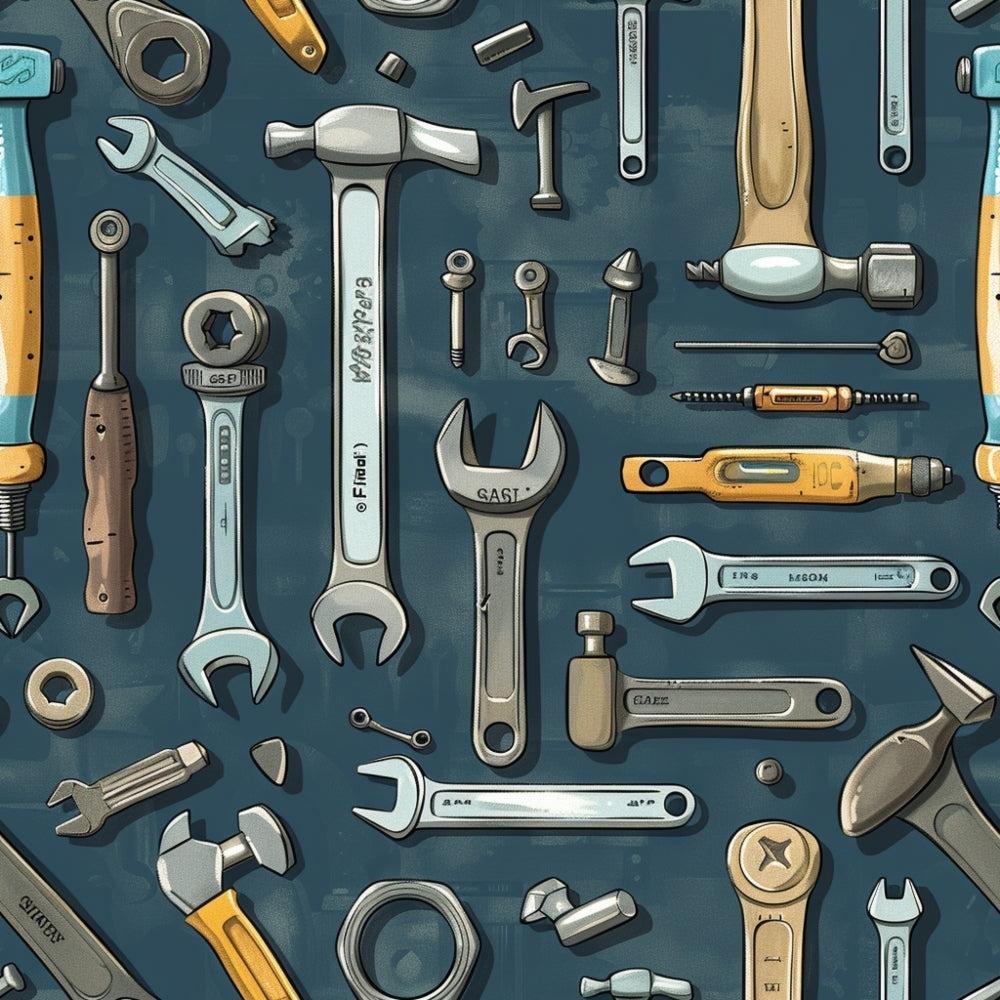 - Tool Shop Pattern 11 Quilting Cotton Fabric  
- blue gray background  
- assorted hand tools  
- wrenches hammers screwdrivers  
- sewing quilting cotton textile  
- vintage industrial design  
- muted colors dark teal navy  
- workshop mechanic theme  
- crafts DIY fabric material  
- repair tool motifs