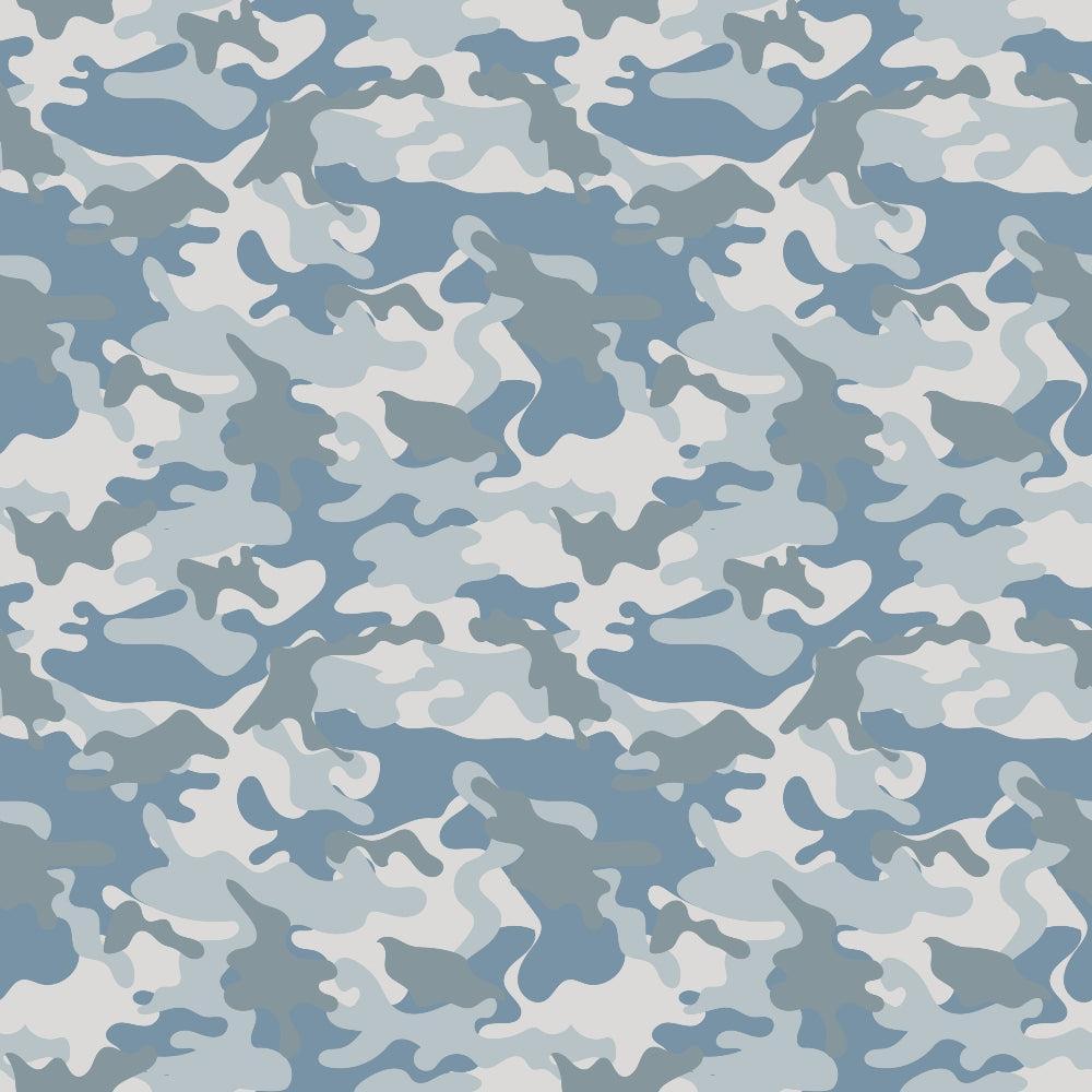 - Military Camouflage Pattern 2 Quilting Cotton Fabric  
- Blue, gray, white, light blue colors  
- Camouflage design, abstract shapes  
- Cotton textile, quilting material  
- Soft, durable fabric, yardage option  
- Outdoor style, casual, rugged look