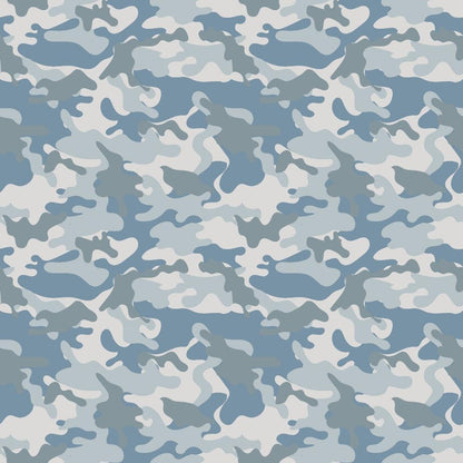 - Military Camouflage Pattern 2 Quilting Cotton Fabric  
- Blue, gray, white, light blue colors  
- Camouflage design, abstract shapes  
- Cotton textile, quilting material  
- Soft, durable fabric, yardage option  
- Outdoor style, casual, rugged look