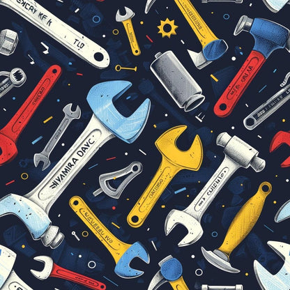 - Tool Shop Pattern 15 Quilting Cotton Fabric  
- navy blue background  
- assorted hand tools  
- wrenches, hammers, screws  
- yellow, red, blue, gray colors  
- vintage style  
- cotton quilting fabric  
- textile design  
- mechanical theme  
- crafting material  
- workshop motif