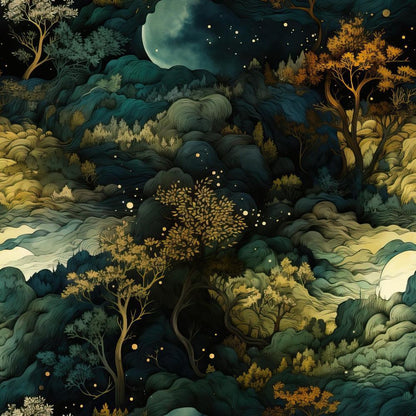 • Natures Tapestry Pattern 1 Quilting Cotton Fabric • dark green • teal • gold • mustard yellow • forest landscape • trees • night sky • moon • stars • cotton fabric • quilting material • botanical design • nature-inspired • scenic textile