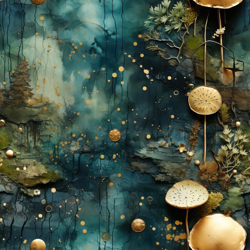 - Natures Tapestry Pattern 5 Quilting Cotton Fabric  
- abstract  
- nature-inspired  
- teal  
- gold accents  
- botanical  
- textured  
- artistic  
- cotton  
- quilting material  
- fabric yardage  
- organic shapes  
- decorative
