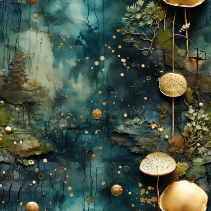 - Natures Tapestry Pattern 5 Quilting Cotton Fabric  
- abstract  
- nature-inspired  
- teal  
- gold accents  
- botanical  
- textured  
- artistic  
- cotton  
- quilting material  
- fabric yardage  
- organic shapes  
- decorative