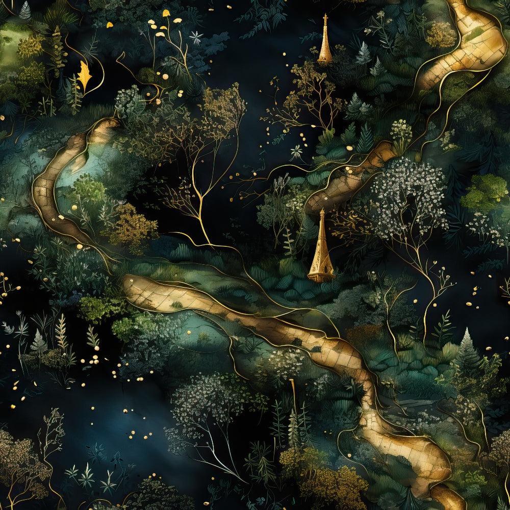 • Natures Tapestry Pattern 8 Quilting Cotton Fabric • dark blue • forest green • gold accents • botanical • floral • abstract • winding path • nature-inspired • cotton • quilting fabric • detailed foliage • artistic design • textile yardage