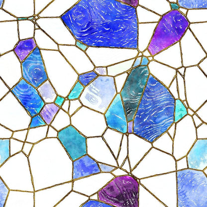 - Watercolor Stained Glass Pattern 9 Quilting Cotton Fabric  
- blue hues  
- purple shades  
- teal accents  
- white background  
- abstract geometric shapes  
- stained glass effect  
- quilting material  
- cotton textile  
- artistic design  
- mosaic style  
- craft fabric