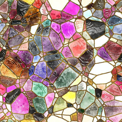 - Watercolor Stained Glass Pattern 16 Quilting Cotton Fabric - multicolor mosaic - stained glass effect - watercolor style - quilting fabric - cotton textile - abstract shapes - vibrant colors - pinks, purples, greens, browns, yellows - artistic design - craft material - patchwork inspiration