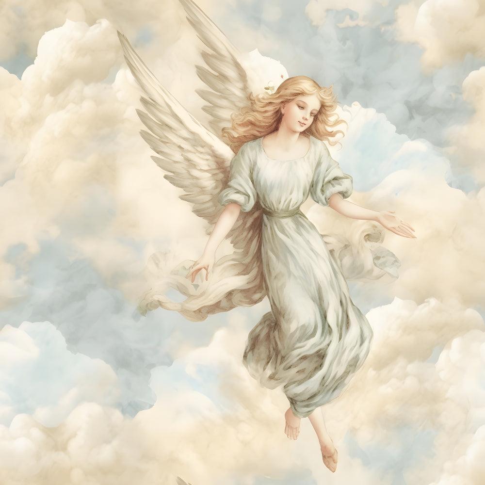 A serene, blonde female angel with white wings and a flowing light blue gown floats gracefully among soft, fluffy clouds in a pastel sky.