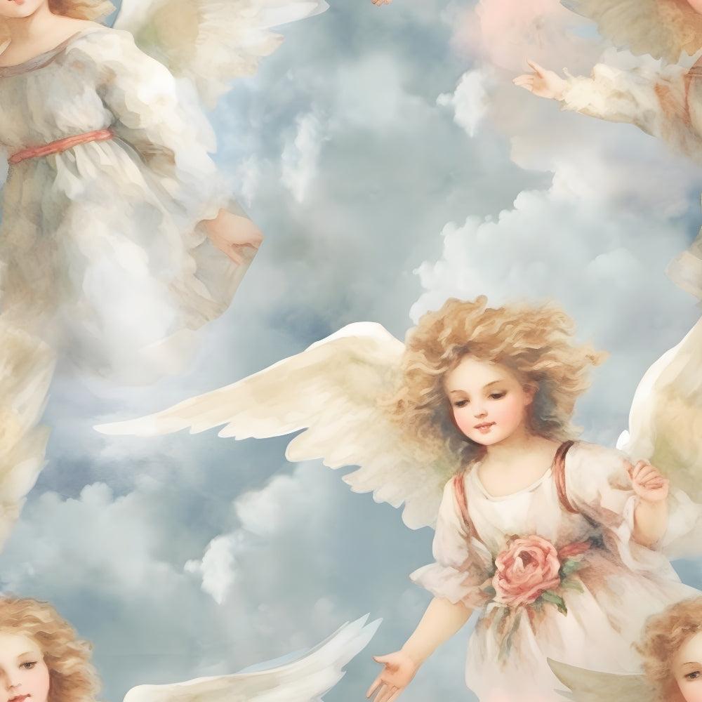 Illustration of several cherubic angels with wings and curly hair, wearing white robes with pink floral accents, floating among clouds in a soft, pastel sky.