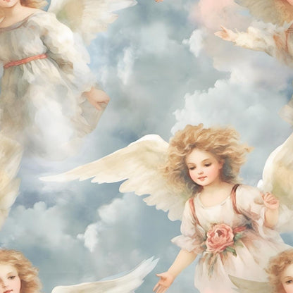 Illustration of several cherubic angels with wings and curly hair, wearing white robes with pink floral accents, floating among clouds in a soft, pastel sky.
