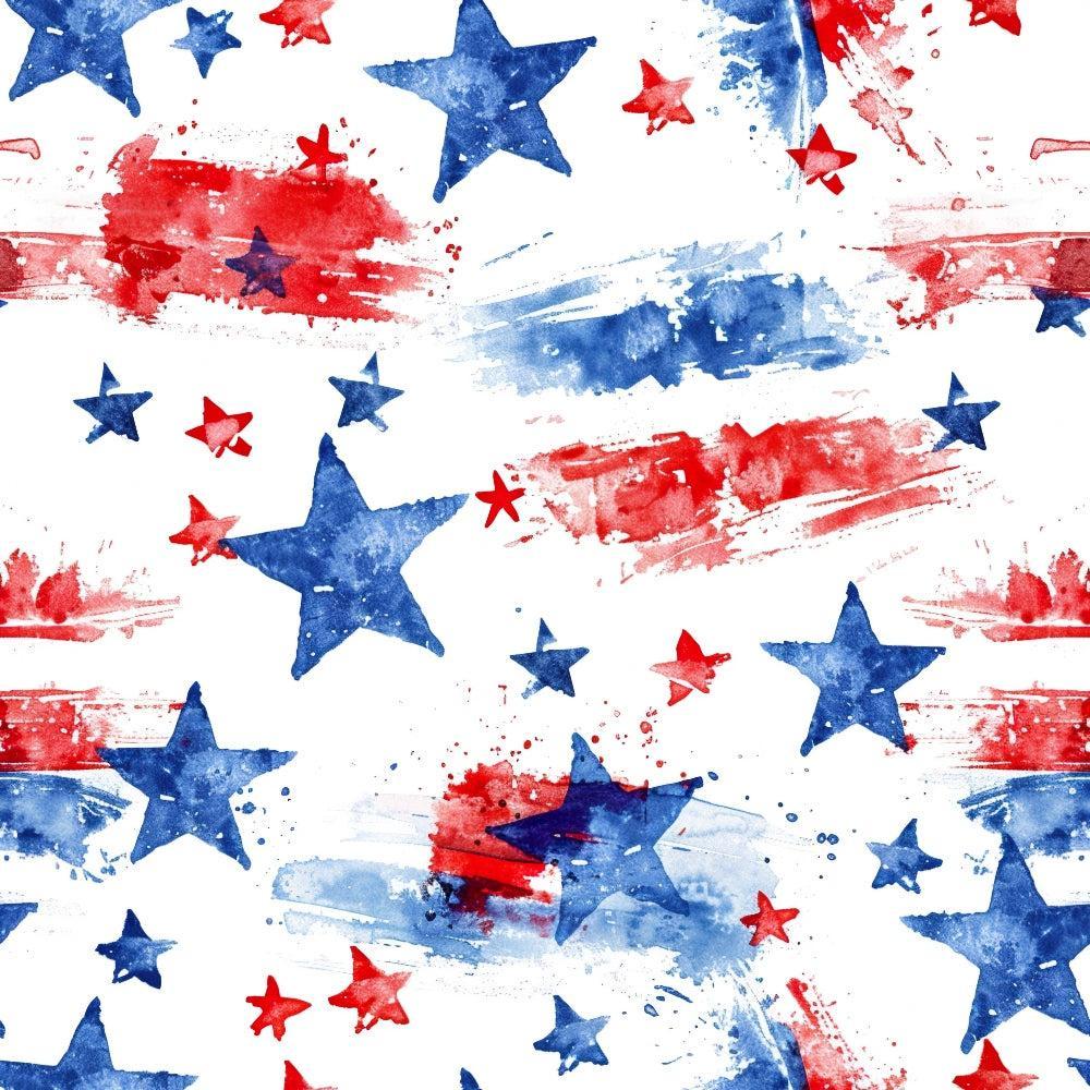 - Watercolor 4th of July Pattern 10 Quilting Cotton Fabric  
- Red blue white colors  
- Stars stripes design  
- Abstract patriotic motif  
- Artistic splash brush strokes  
- Quilting fabric textile  
- Cotton material surface  
- Festive holiday theme  
- Americana style print