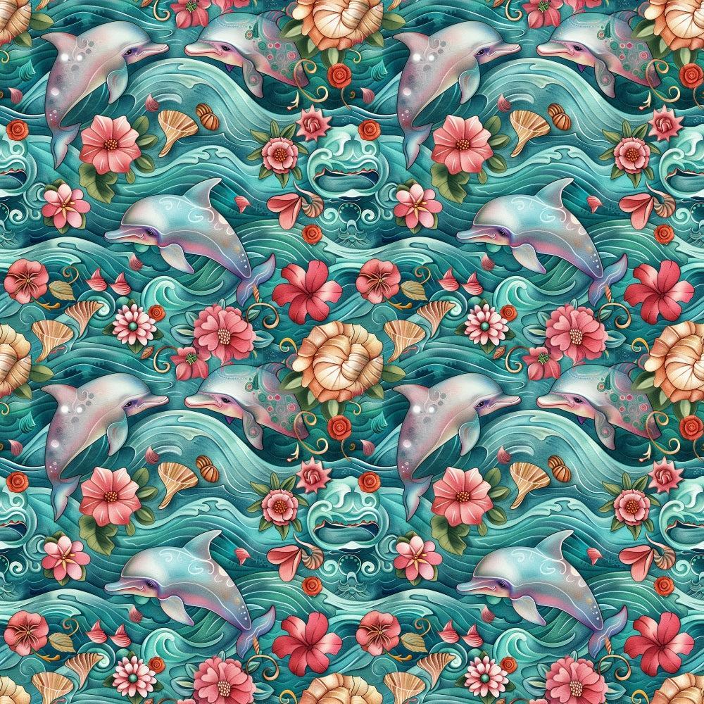 - Swimming with Dolphins Pattern 1 Quilting Cotton Fabric  
- Dolphins, marine life, aquatic animals  
- Floral, tropical flowers, hibiscus, coral pink, peach  
- Ocean waves, seaweed, seashells, underwater theme  
- Teal, turquoise, aqua, green, blue shades  
- Soft fabric, quilting, cotton textile, craft material