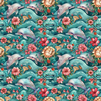 - Swimming with Dolphins Pattern 1 Quilting Cotton Fabric  
- Dolphins, marine life, aquatic animals  
- Floral, tropical flowers, hibiscus, coral pink, peach  
- Ocean waves, seaweed, seashells, underwater theme  
- Teal, turquoise, aqua, green, blue shades  
- Soft fabric, quilting, cotton textile, craft material