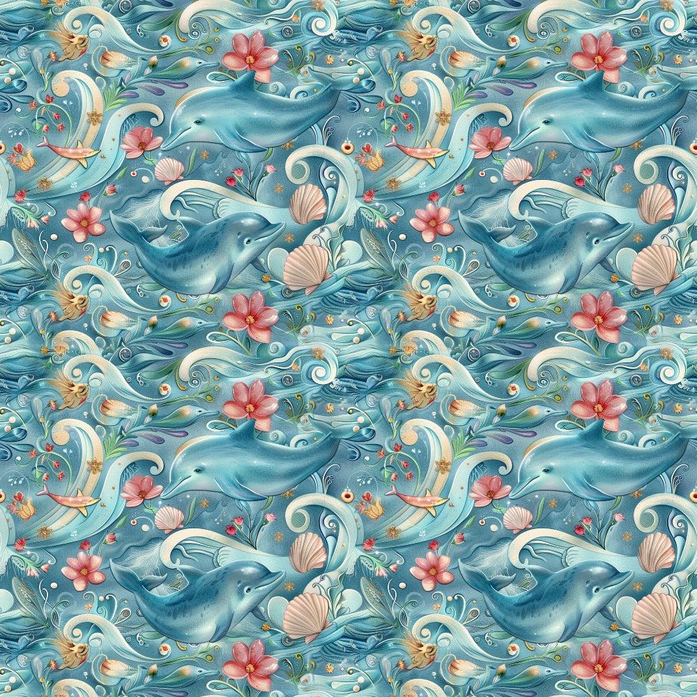 - Swimming with Dolphins Pattern 3 Quilting Cotton Fabric  
- Blue dolphins  
- Ocean waves  
- Sea shells  
- Pink flowers  
- Marine life  
- Aqua tones  
- Quilting fabric  
- Cotton material  
- Nautical theme  
- Underwater design  
- Soft texture  
- Artistic print  
- Decorative textile  
- Crafting fabric