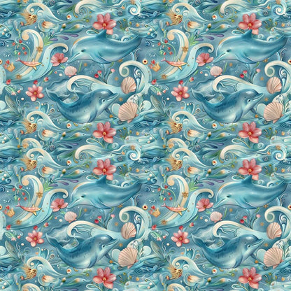 - Swimming with Dolphins Pattern 3 Quilting Cotton Fabric  
- Blue dolphins  
- Ocean waves  
- Sea shells  
- Pink flowers  
- Marine life  
- Aqua tones  
- Quilting fabric  
- Cotton material  
- Nautical theme  
- Underwater design  
- Soft texture  
- Artistic print  
- Decorative textile  
- Crafting fabric