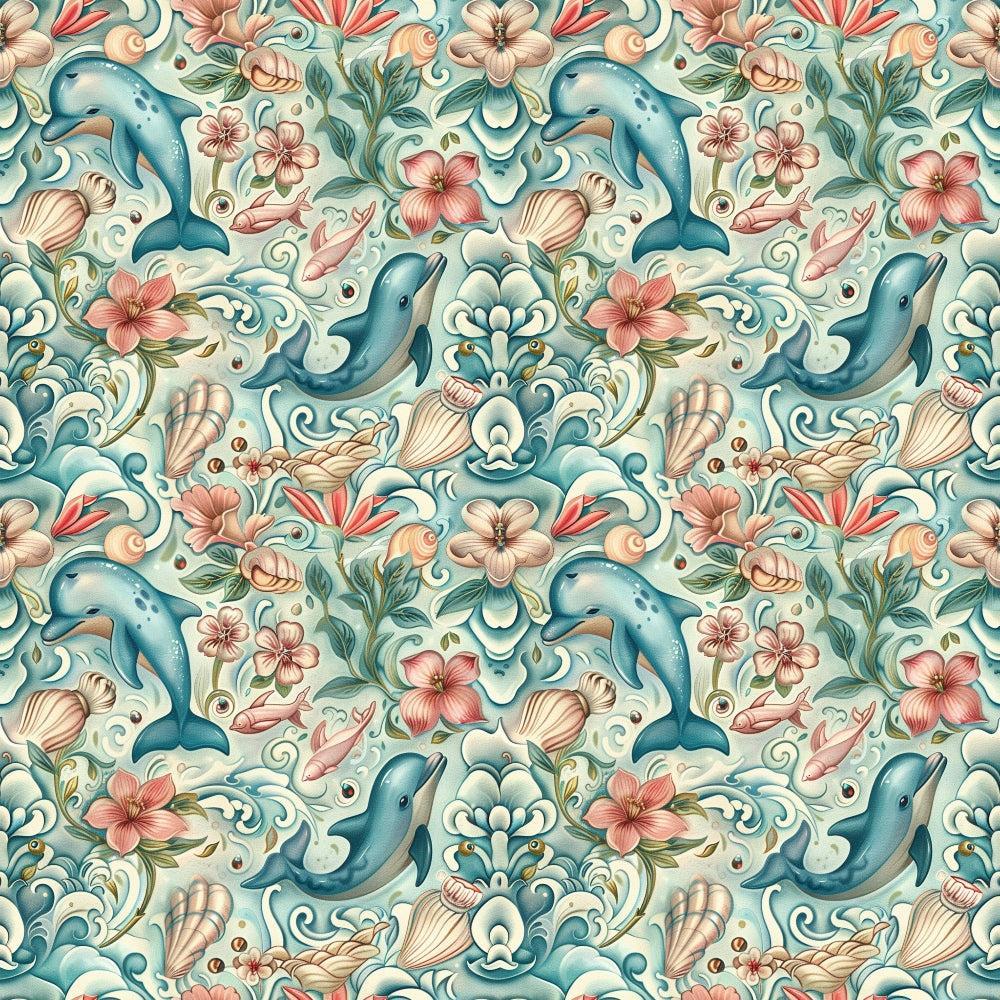 - Swimming with Dolphins Pattern 5 Quilting Cotton Fabric  
- dolphins, aquatic animals, ocean life  
- floral elements, tropical flowers  
- seashells, underwater plants  
- blue, teal, coral, beige  
- quilting, cotton, fabric, textile, yardage  
- seamless design, nature-inspired, decorative