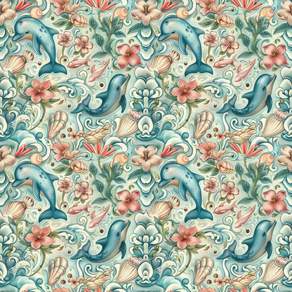 - Swimming with Dolphins Pattern 5 Quilting Cotton Fabric  
- dolphins, aquatic animals, ocean life  
- floral elements, tropical flowers  
- seashells, underwater plants  
- blue, teal, coral, beige  
- quilting, cotton, fabric, textile, yardage  
- seamless design, nature-inspired, decorative