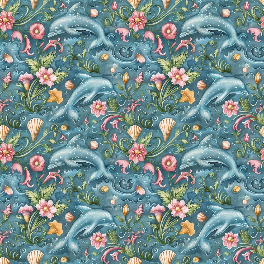 - Swimming with Dolphins Pattern 6 Quilting Cotton Fabric  
- Blue background  
- Light blue dolphins  
- Pink flowers  
- Green leaves  
- Seashells  
- Quilting fabric  
- Cotton textile  
- Nautical theme  
- Marine life  
- Ocean-inspired design  
- Soft colors  
- Decorative print