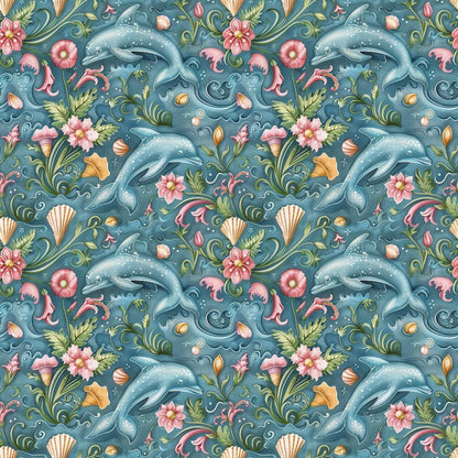 - Swimming with Dolphins Pattern 6 Quilting Cotton Fabric  
- Blue background  
- Light blue dolphins  
- Pink flowers  
- Green leaves  
- Seashells  
- Quilting fabric  
- Cotton textile  
- Nautical theme  
- Marine life  
- Ocean-inspired design  
- Soft colors  
- Decorative print