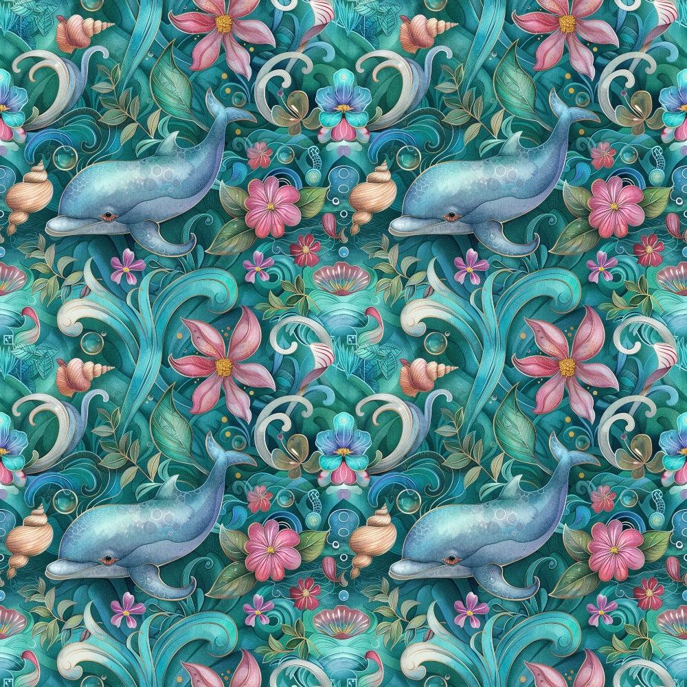 - Swimming with Dolphins Pattern 7 Quilting Cotton Fabric  
- aquatic animals, dolphins, marine life  
- tropical flowers, pink and blue blossoms  
- swirling leaves, green foliage, underwater theme  
- seashells, ocean motifs, decorative elements  
- quilting fabric, cotton material, sewing craft  
- vibrant colors, teal, turquoise, coral accents