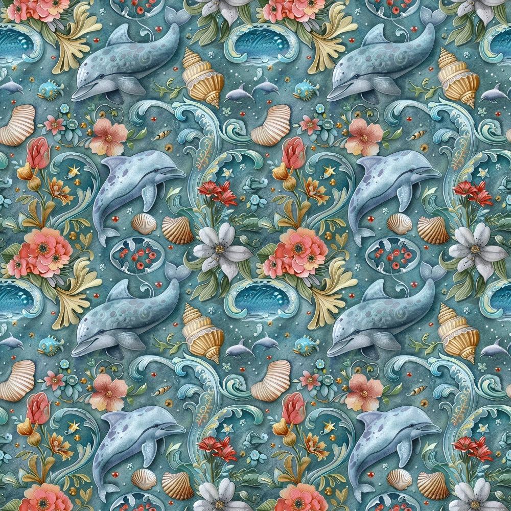 - Swimming with Dolphins Pattern 8 Quilting Cotton Fabric  
- aquatic  
- marine life  
- dolphins  
- seashells  
- underwater flora  
- coral  
- flowers  
- blue  
- teal  
- pink  
- orange  
- green  
- quilting cotton  
- textile  
- yardage fabric