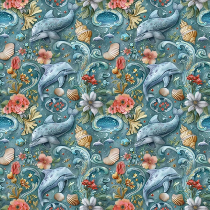 - Swimming with Dolphins Pattern 8 Quilting Cotton Fabric  
- aquatic  
- marine life  
- dolphins  
- seashells  
- underwater flora  
- coral  
- flowers  
- blue  
- teal  
- pink  
- orange  
- green  
- quilting cotton  
- textile  
- yardage fabric