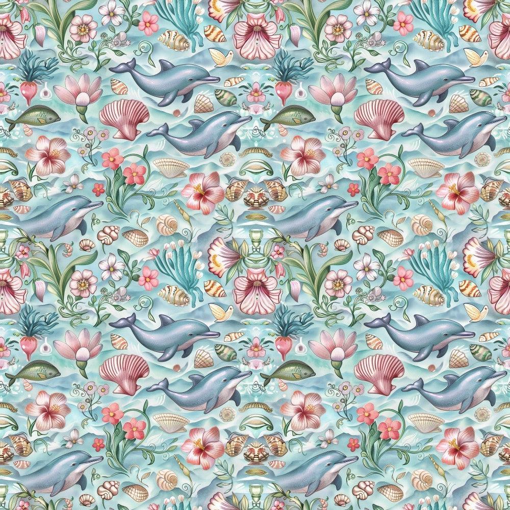 - Swimming with Dolphins Pattern 9 Quilting Cotton Fabric  
- Blue, teal, pink, green, beige  
- Dolphins, sea life, seashells, coral, flowers, plants  
- Ocean theme, marine, aquatic, tropical  
- Quilting, cotton, textile, craft, sewing