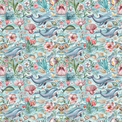 - Swimming with Dolphins Pattern 9 Quilting Cotton Fabric  
- Blue, teal, pink, green, beige  
- Dolphins, sea life, seashells, coral, flowers, plants  
- Ocean theme, marine, aquatic, tropical  
- Quilting, cotton, textile, craft, sewing