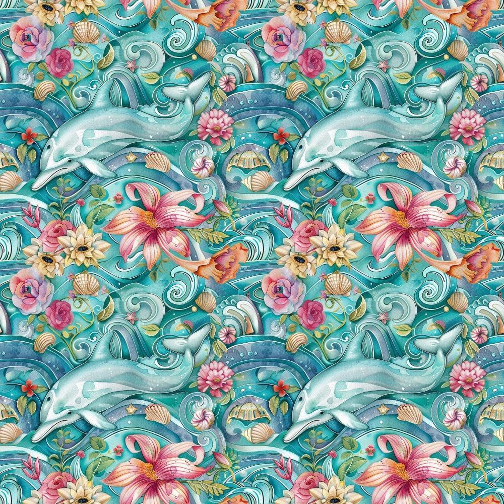 - Swimming with Dolphins Pattern 10 Quilting Cotton Fabric  
- Aquatic, marine, oceanic  
- Dolphins, sea creatures, wildlife  
- Floral, tropical flowers, hibiscus  
- Seashells, starfish, underwater elements  
- Blue, turquoise, aqua, pink, coral, green  
- Quilting, cotton, textile, fabric, yardage  
- Decorative, colorful, whimsical, vibrant