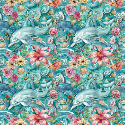 - Swimming with Dolphins Pattern 10 Quilting Cotton Fabric  
- Aquatic, marine, oceanic  
- Dolphins, sea creatures, wildlife  
- Floral, tropical flowers, hibiscus  
- Seashells, starfish, underwater elements  
- Blue, turquoise, aqua, pink, coral, green  
- Quilting, cotton, textile, fabric, yardage  
- Decorative, colorful, whimsical, vibrant